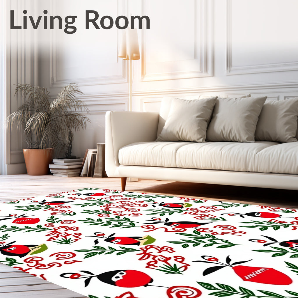 Whimsical Red Bird Botanical Abstract Rug