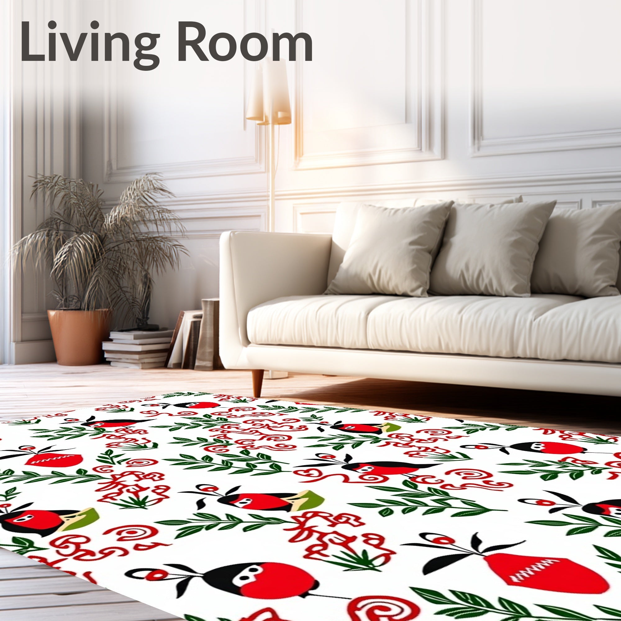 Whimsical Red Bird Botanical Abstract Rug
