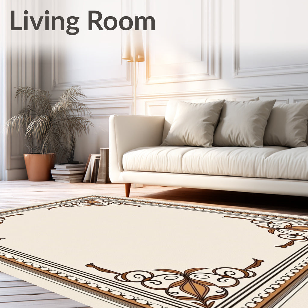 Brown Floral Scroll Border Rug