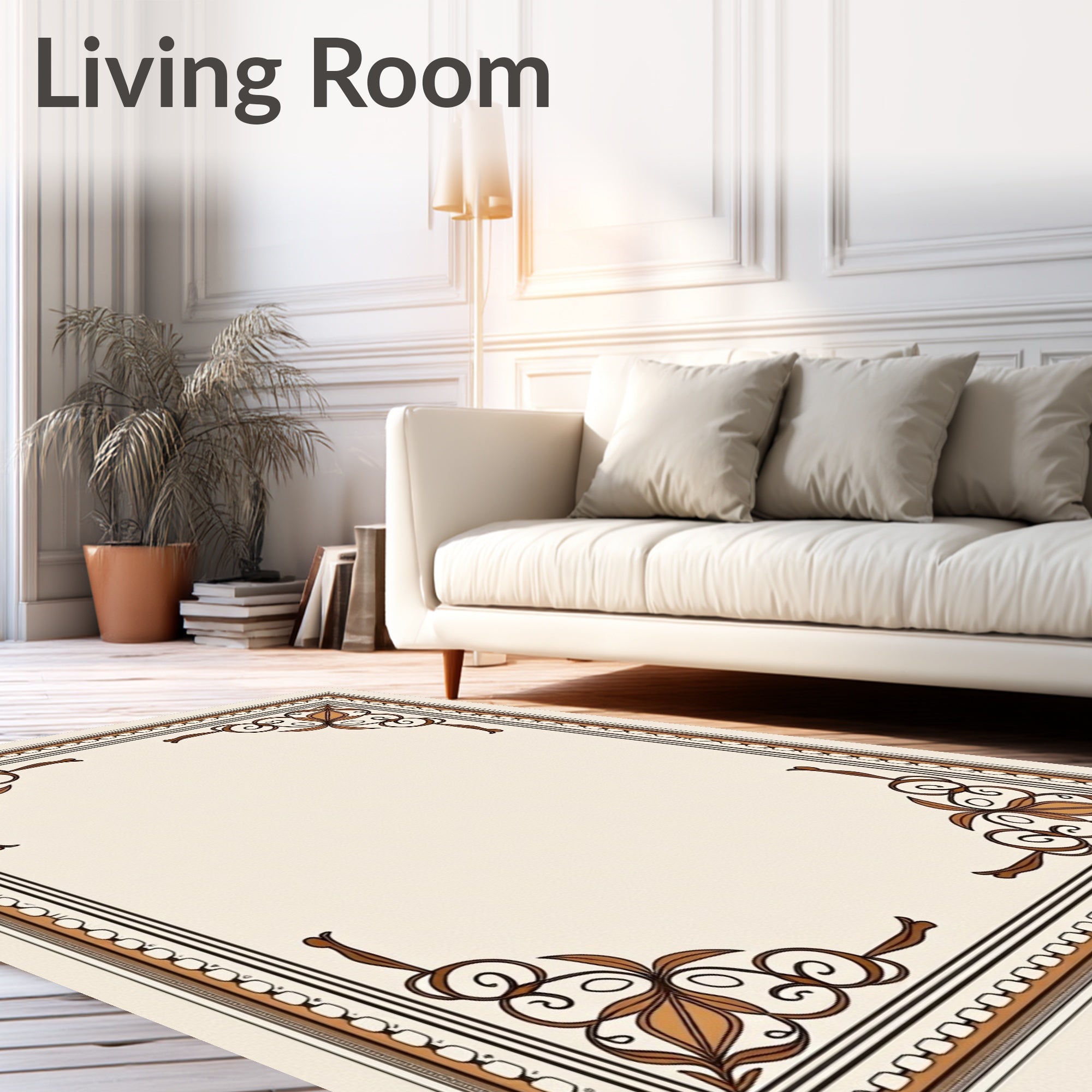 Brown Floral Scroll Border Rug