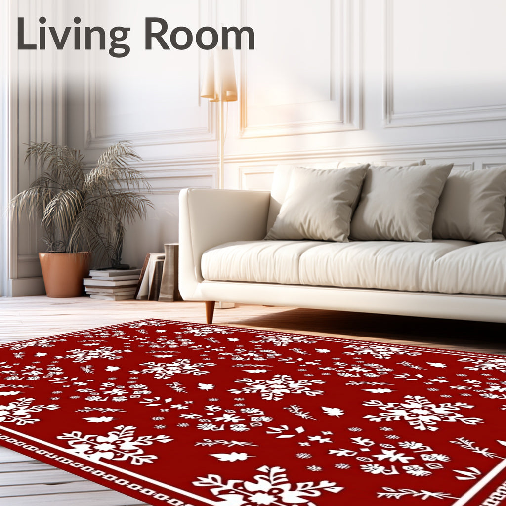 Crimson White Snowflake Folk Art Rug