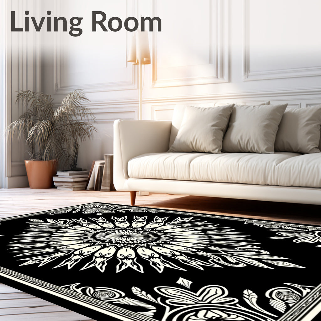 Black Cream Sunburst Mandala Bordered Rug