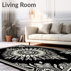 Black Cream Sunburst Mandala Bordered Rug