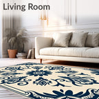 Navy Floral Medallion Cream Border Rug