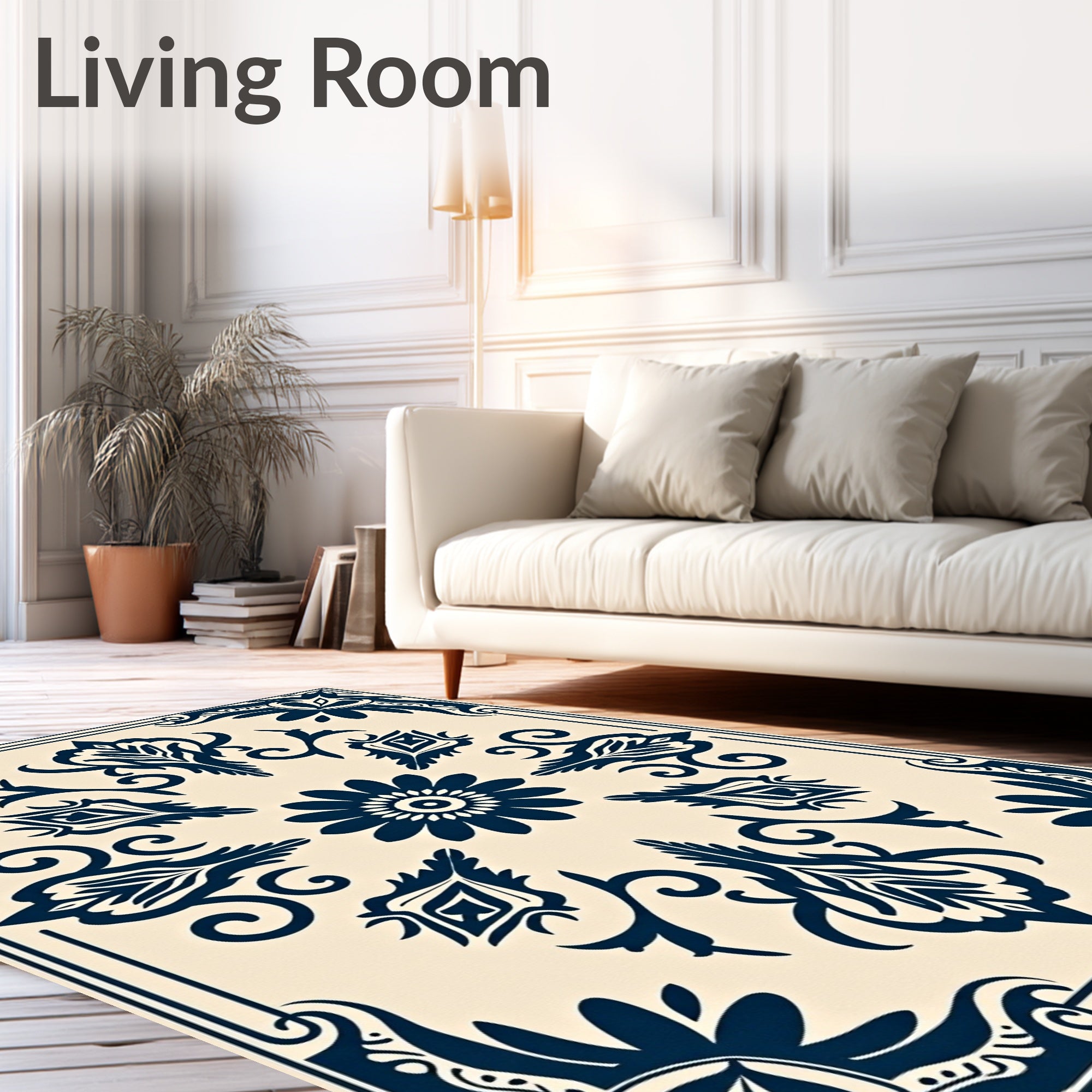 Navy Floral Medallion Cream Border Rug