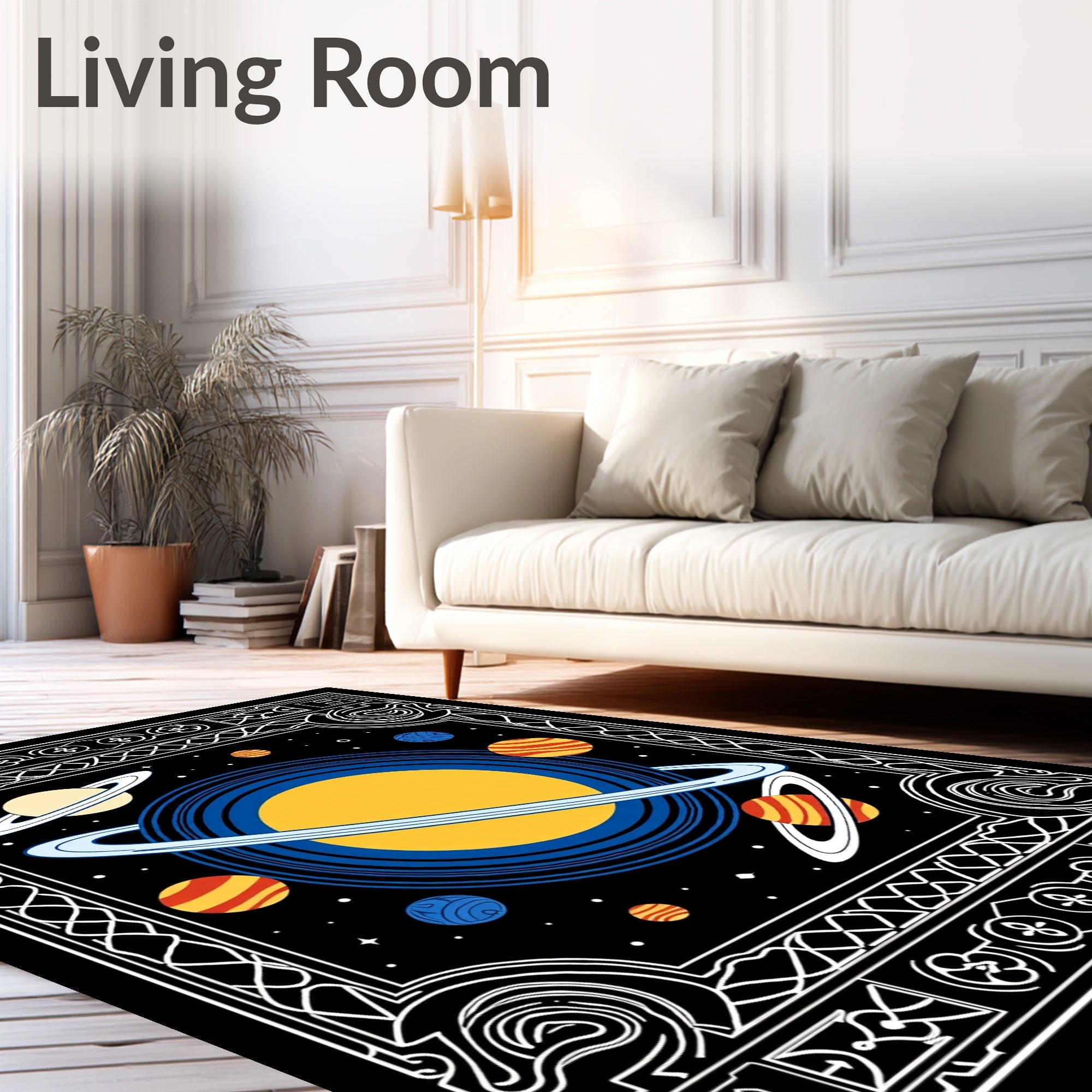Cosmic Planet Ringed Celestial Scene Rug