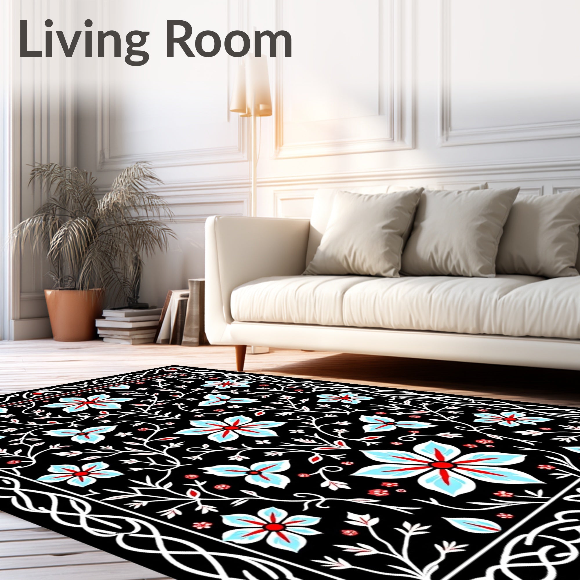 Black Celestial Floral Vine Rug