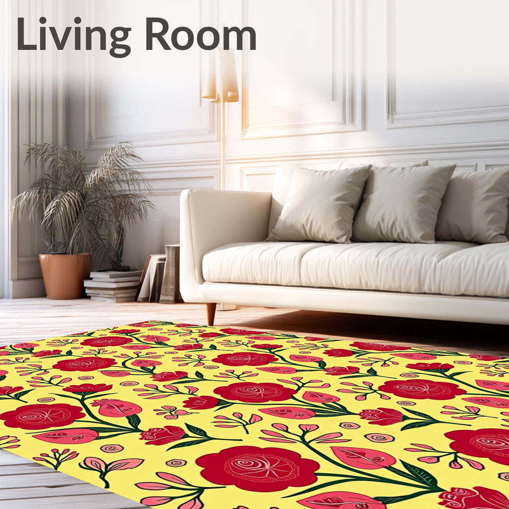 Vibrant Red Floral Garden Yellow Rug