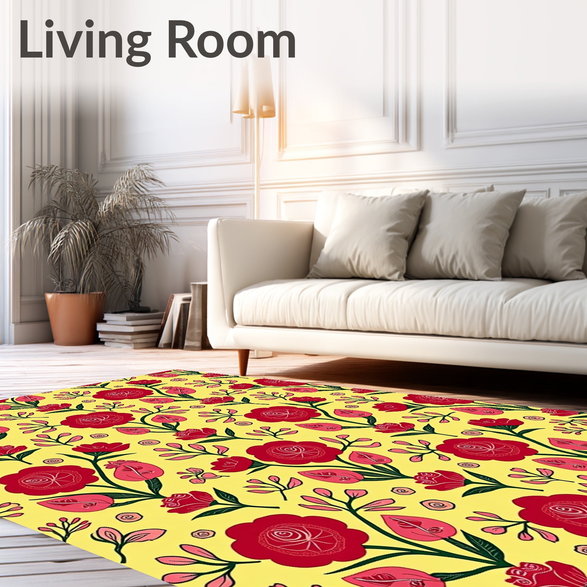 Vibrant Red Floral Garden Yellow Rug