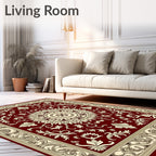 Deep Red Botanical Medallion Border Textile Rug