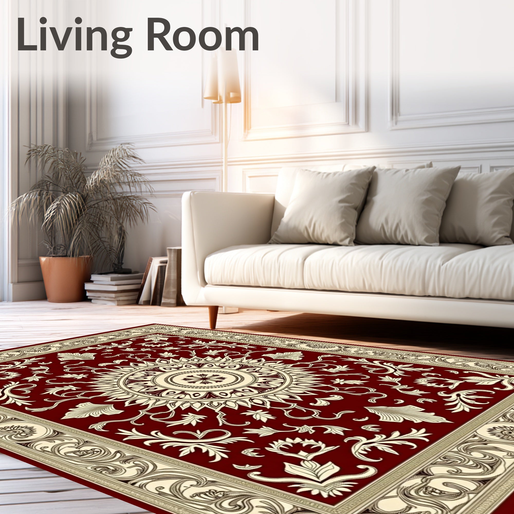 Deep Red Botanical Medallion Border Textile Rug