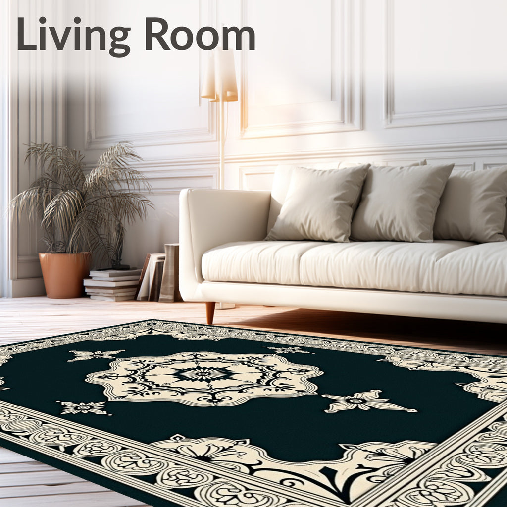 Dark Teal Cream Medallion Frame Rug