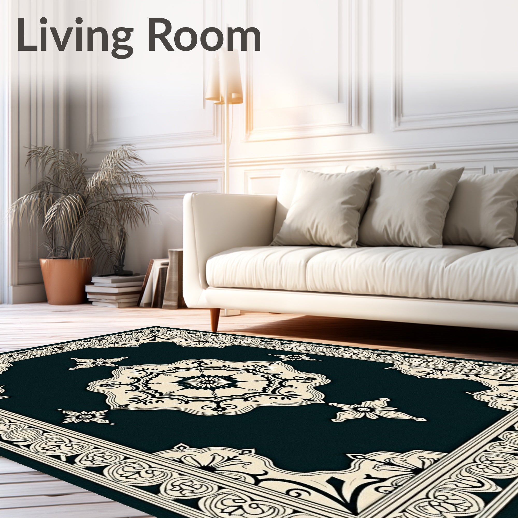 Dark Teal Cream Medallion Frame Rug