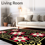 Crimson Floral Swirls Gold Border Rug