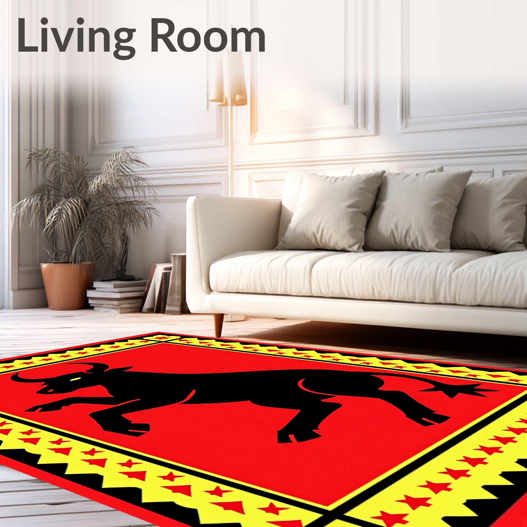 Bold Black Bull Red Star Border Rug
