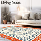 Orange Cream Blue Scrollwork Medallion Rug