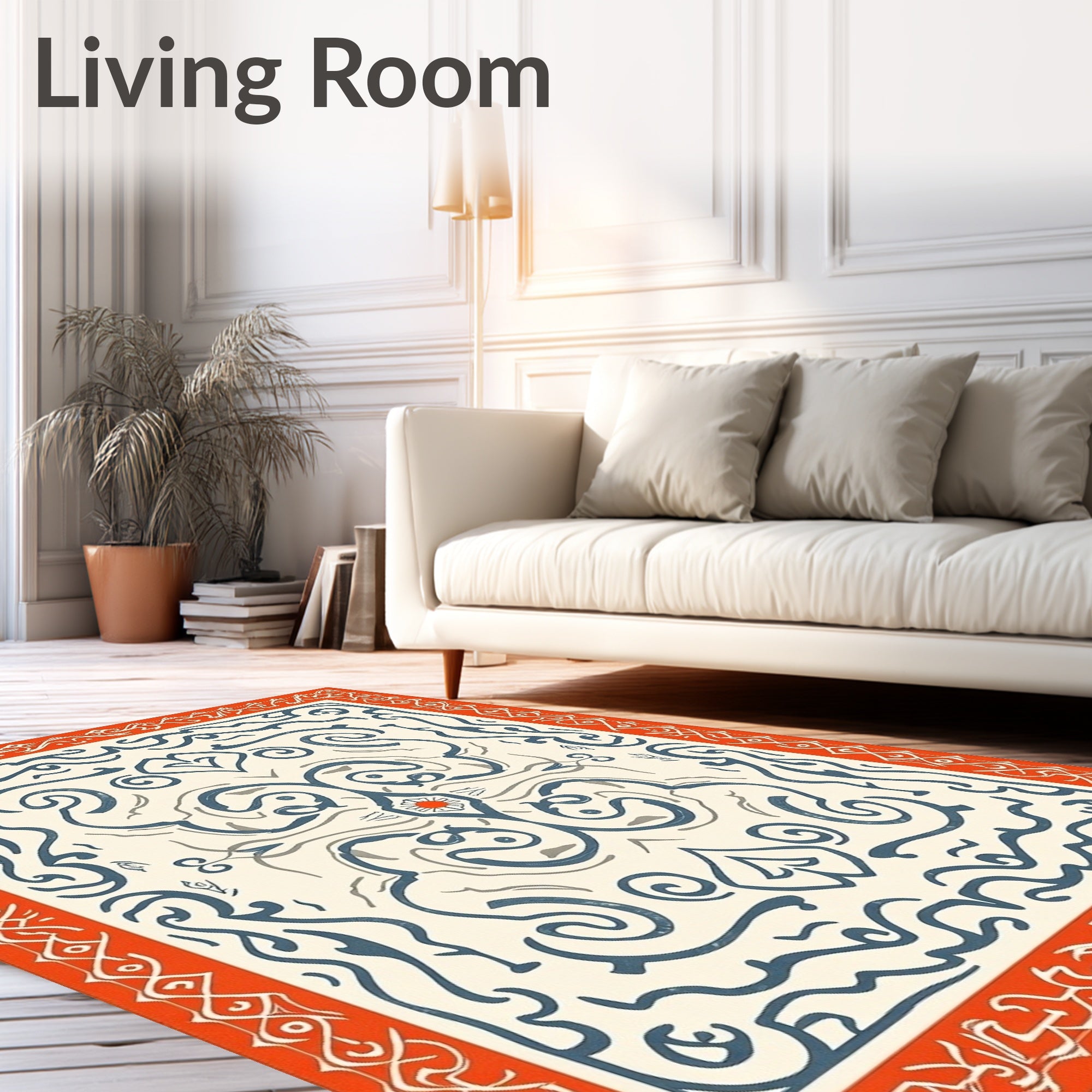 Orange Cream Blue Scrollwork Medallion Rug