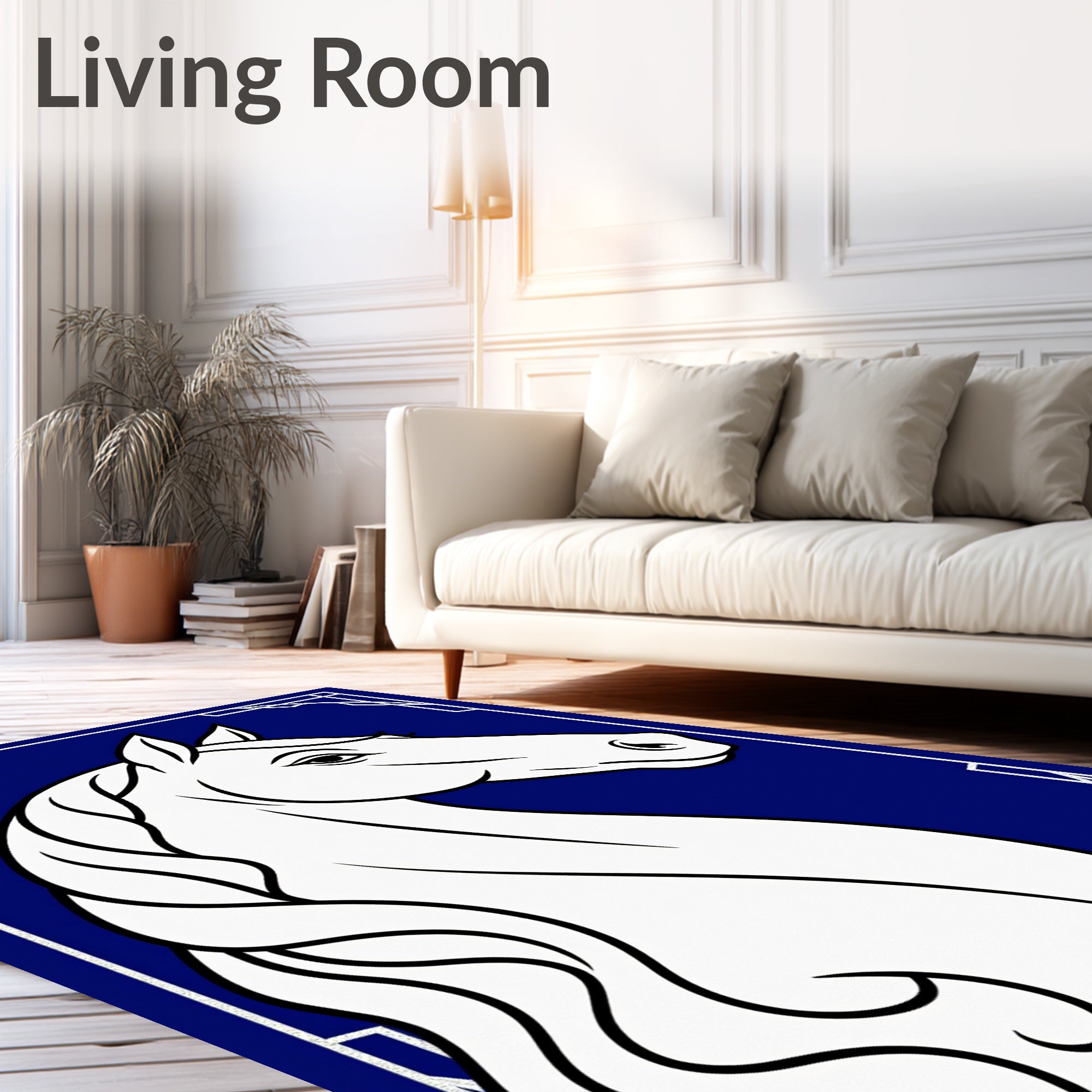 Majestic White Horse Blue Art Deco Rug