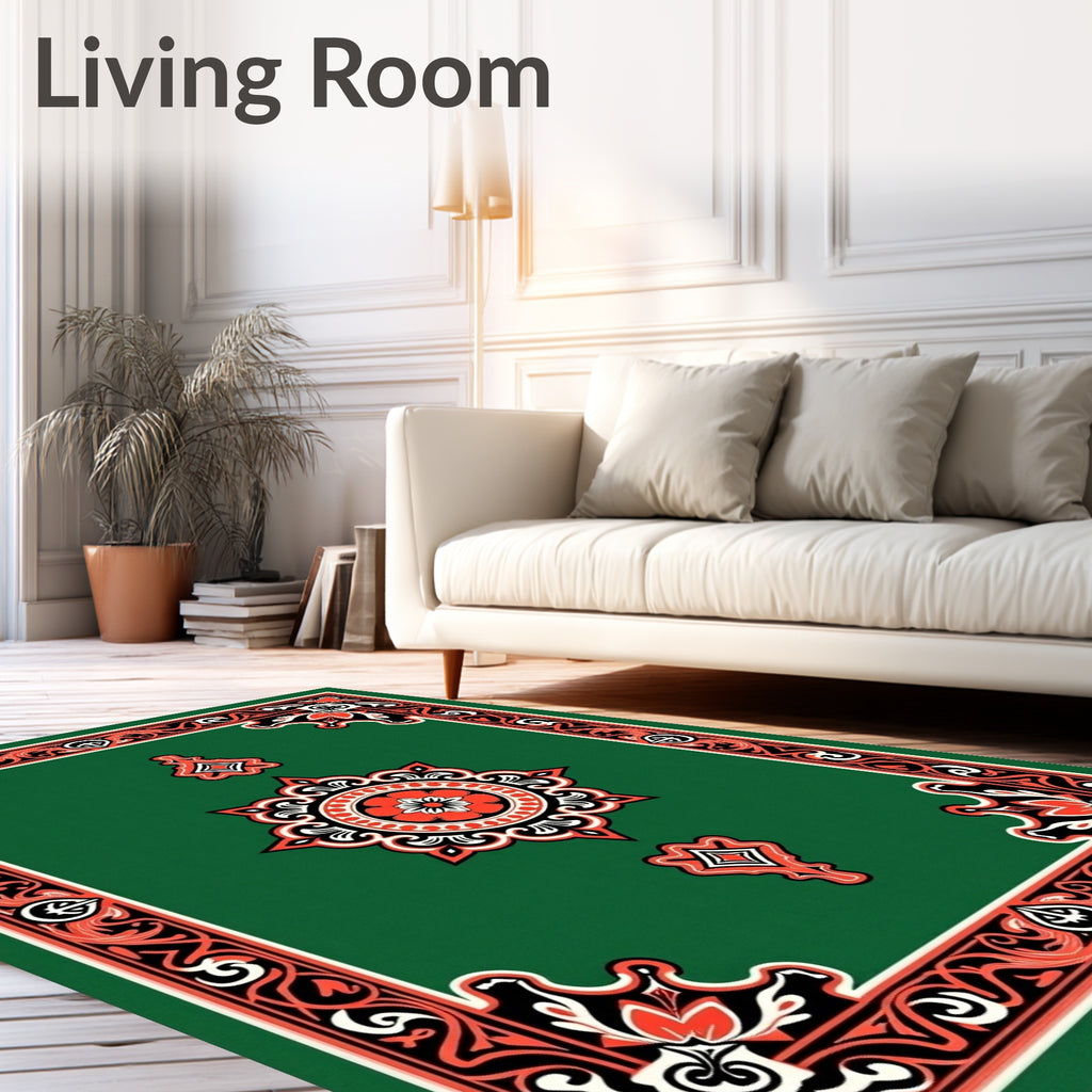 Crimson Floral Medallion Green Border Rug