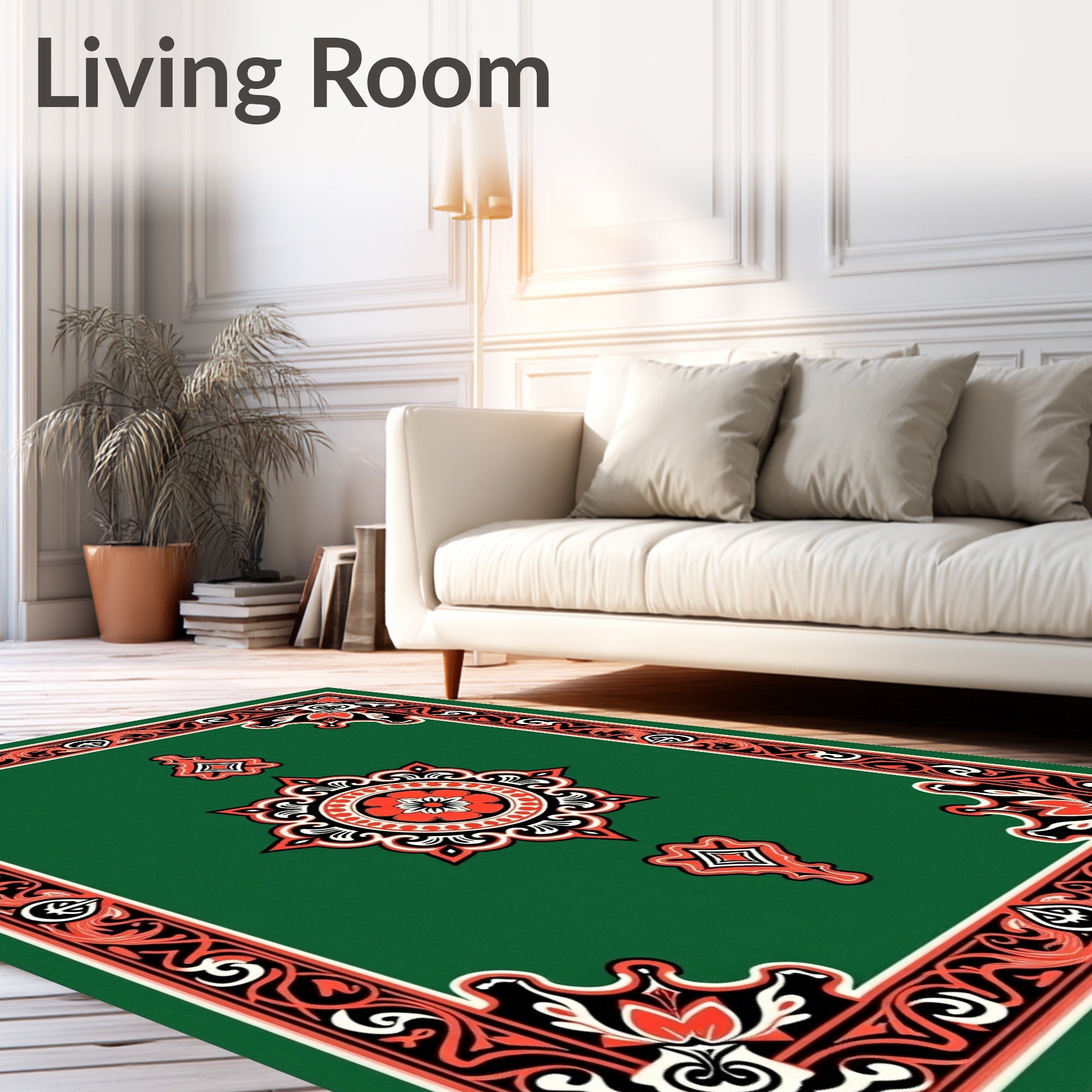Crimson Floral Medallion Green Border Rug