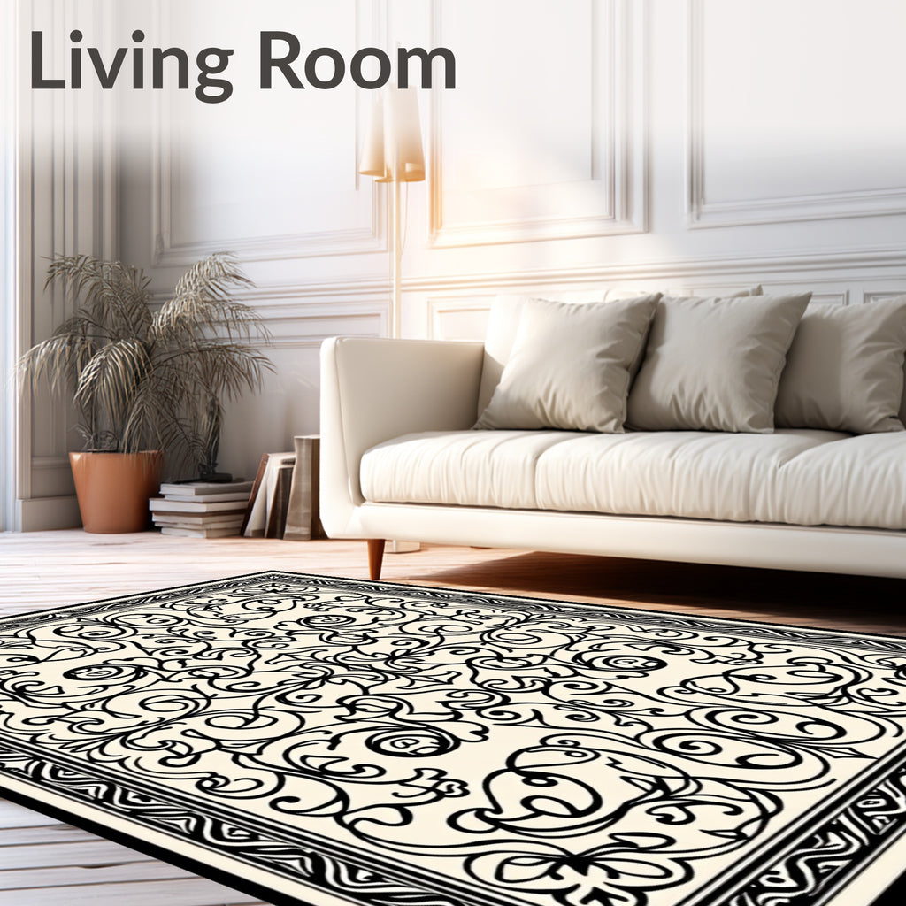 Cream Black Scrollwork Floral Border Rug