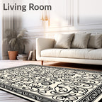 Cream Black Scrollwork Floral Border Rug