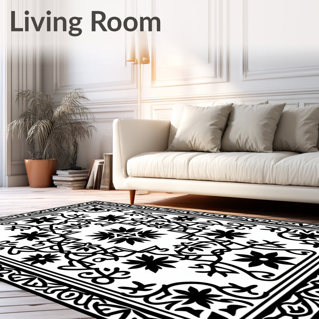 Ornate Black White Floral Vine Rug