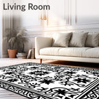 Ornate Black White Floral Vine Rug