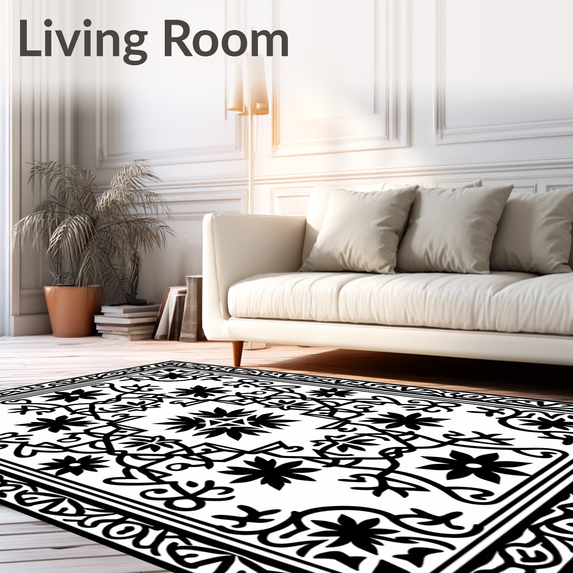 Ornate Black White Floral Vine Rug