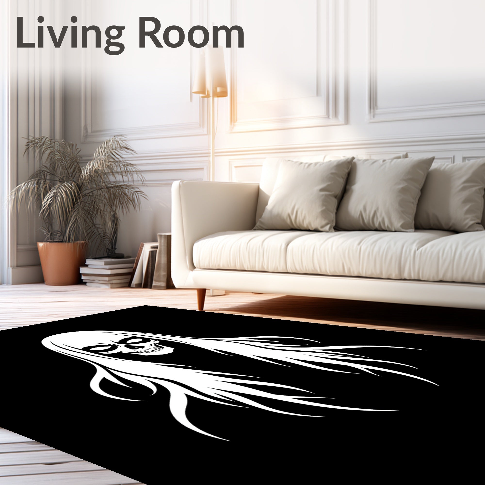White Skull With Flowing White Hair Rug