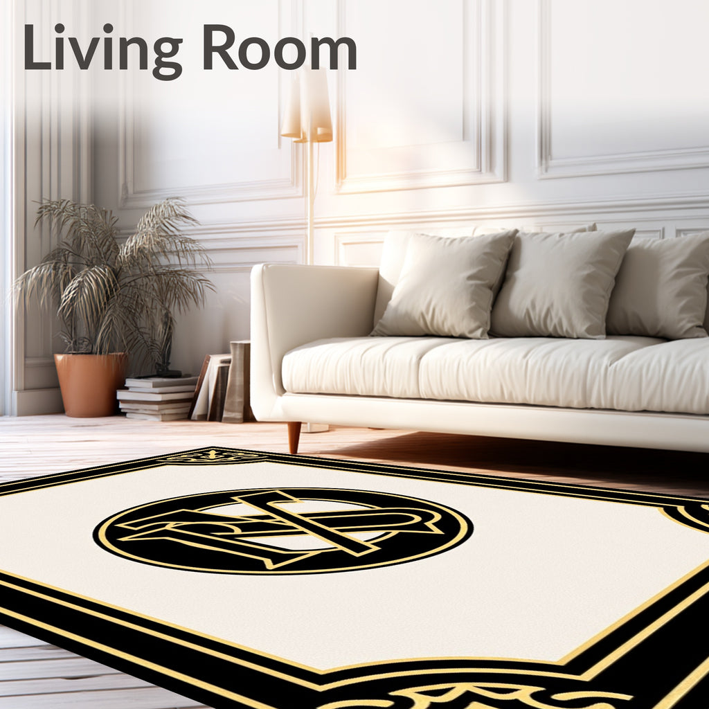 Classic Black Gold Monogram Border Rug