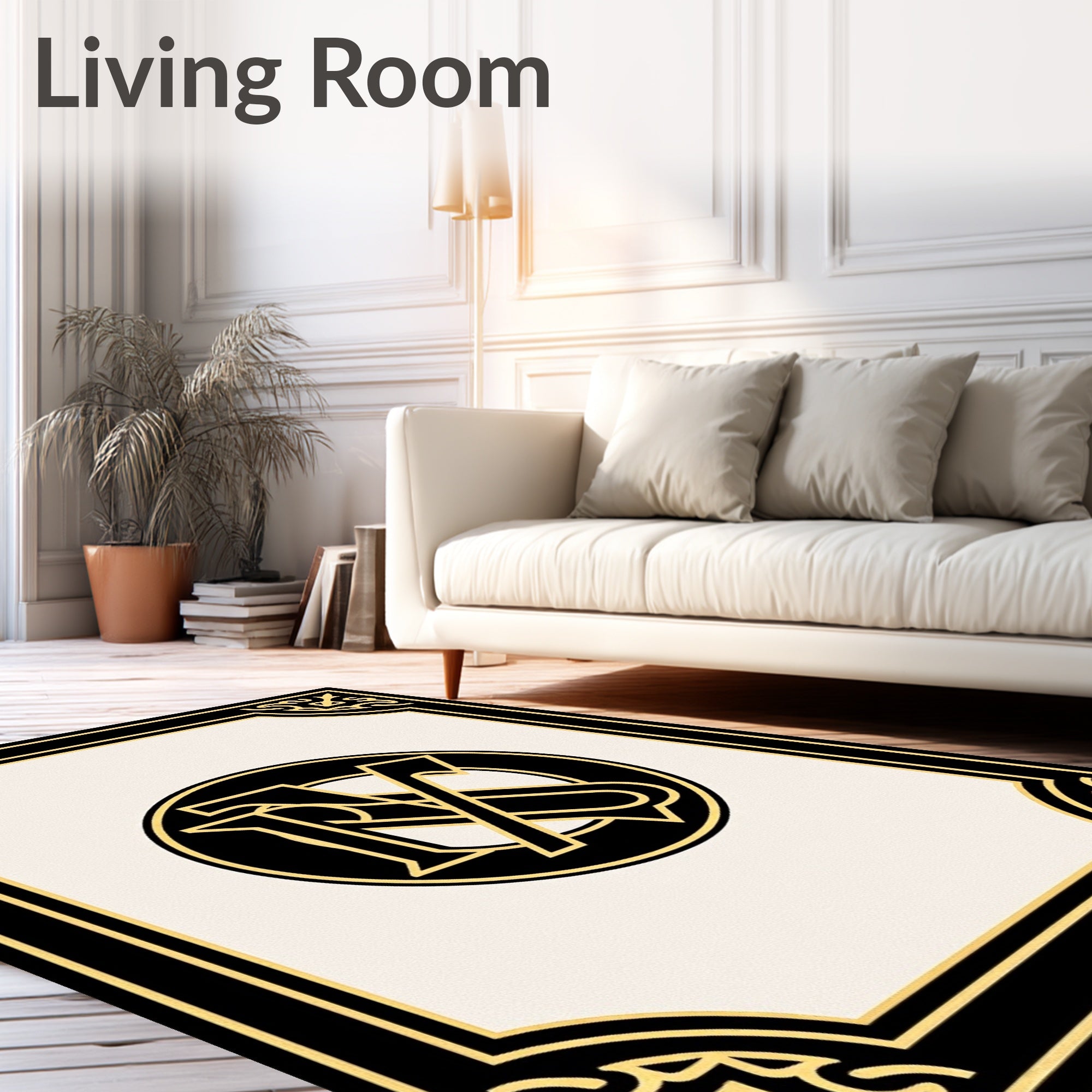 Classic Black Gold Monogram Border Rug