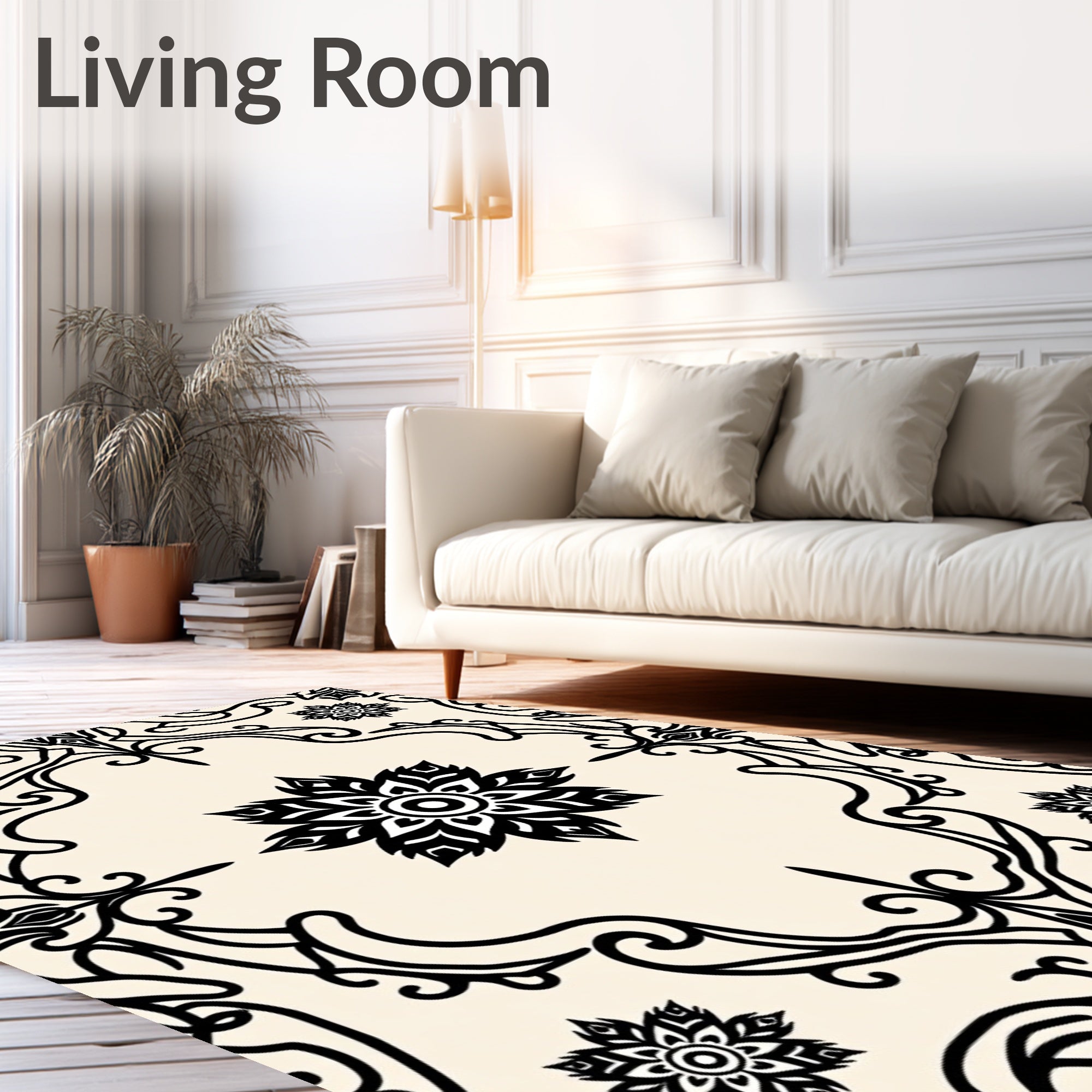 Black Floral Medallion Cream Rug