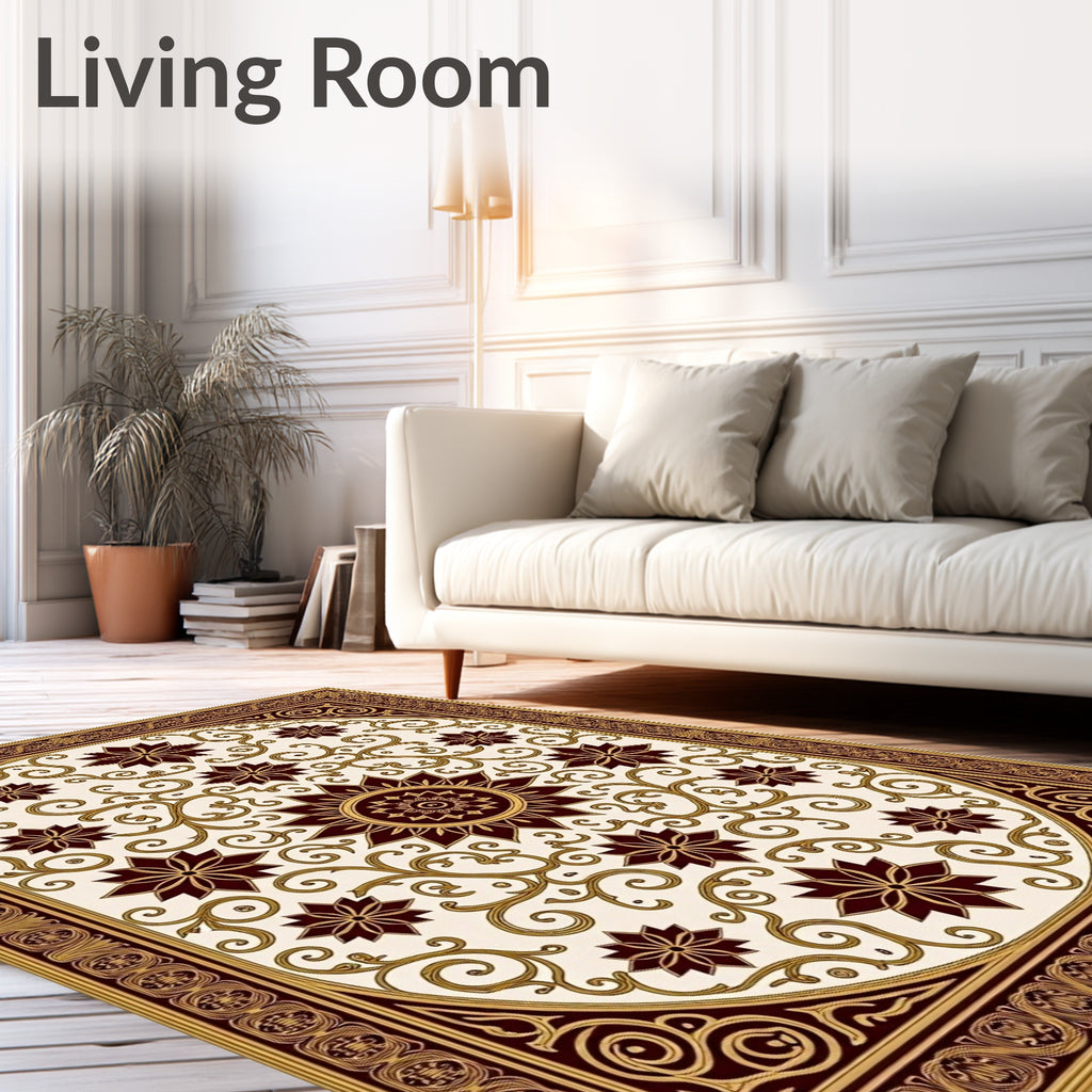 Rich Burgundy Floral Swirl Cream Rug