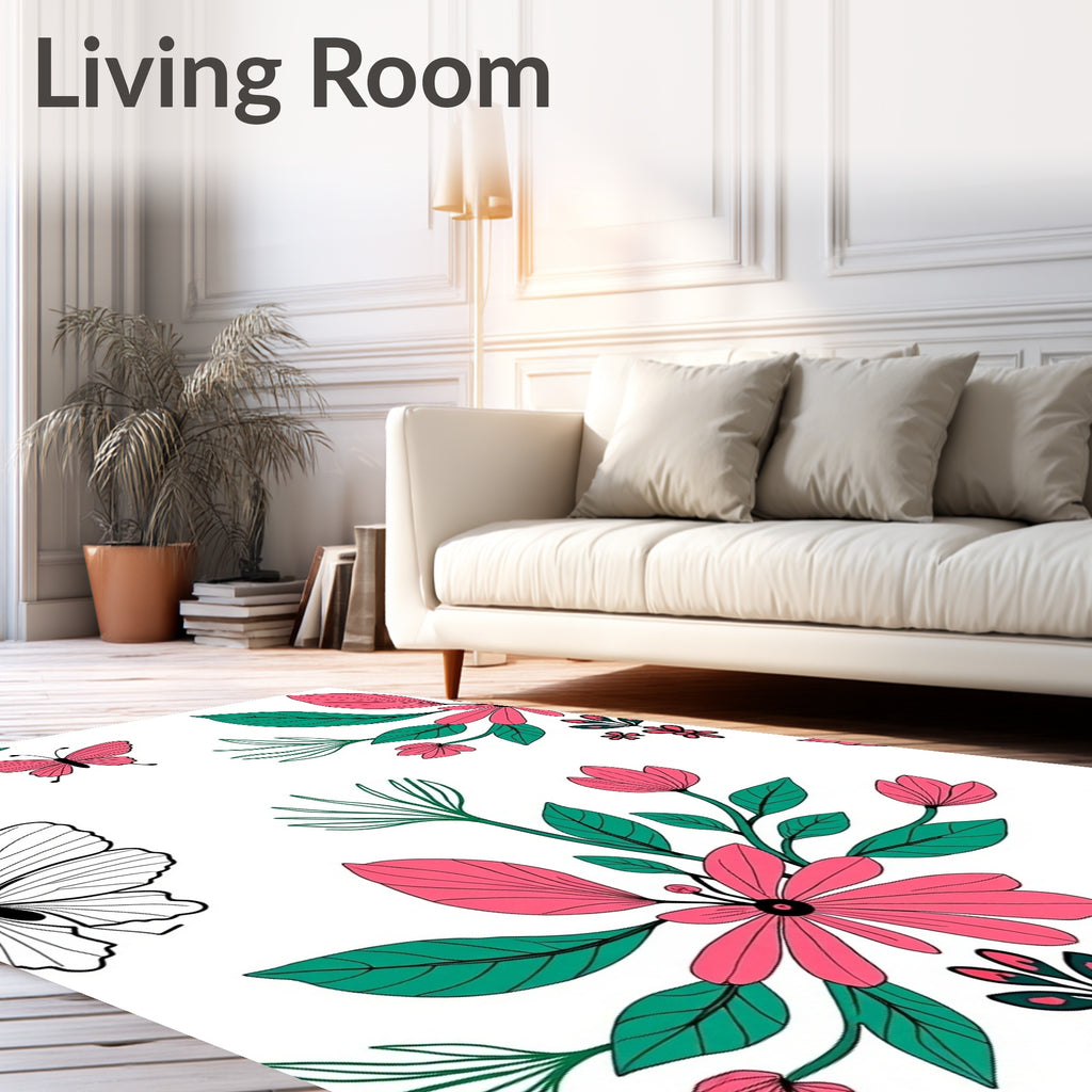 Pink Floral Butterfly Garden Whimsical Rug