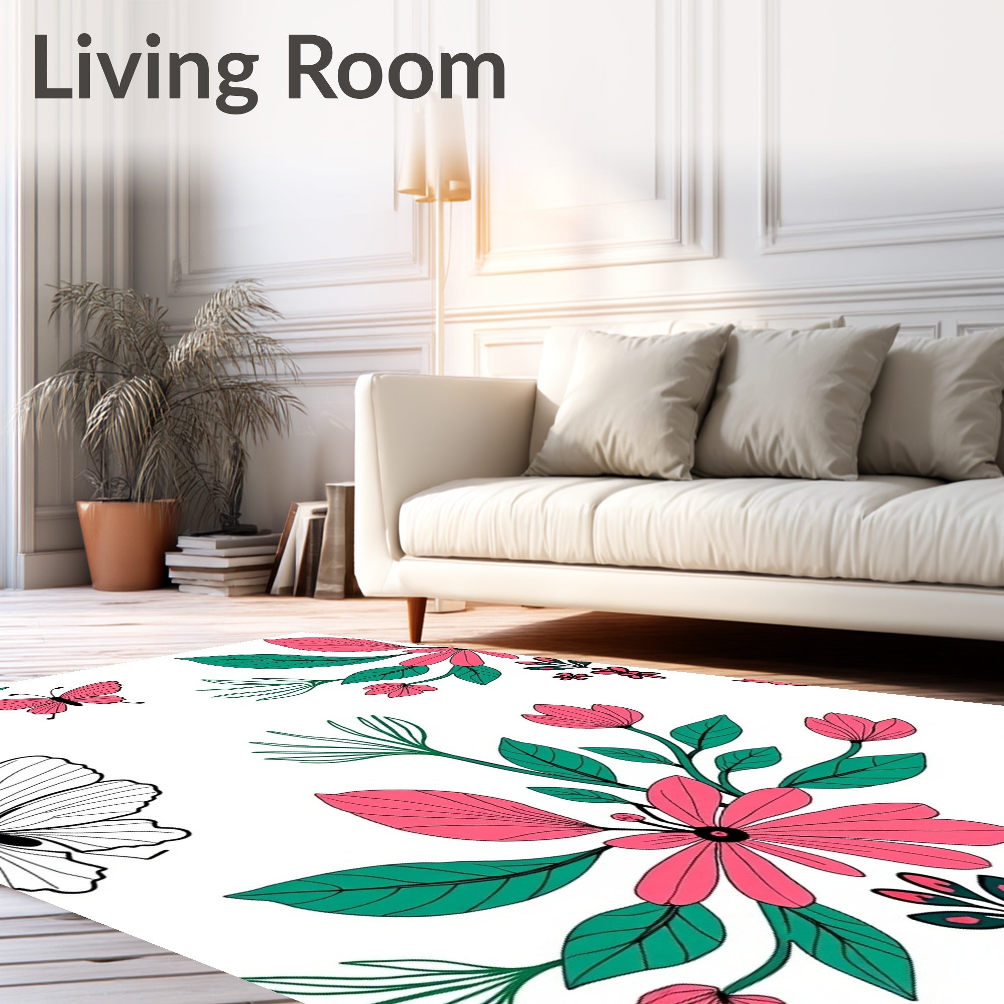 Pink Floral Butterfly Garden Whimsical Rug