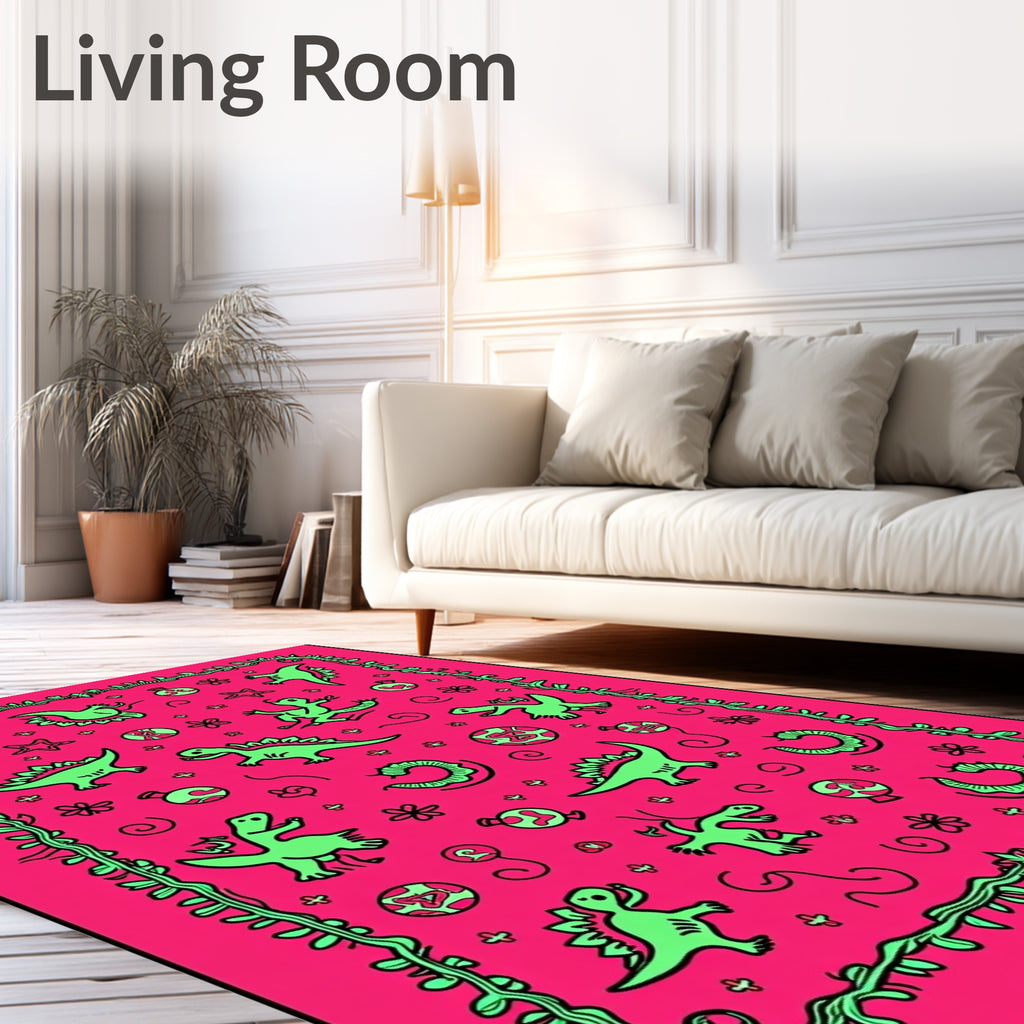 Neon Green Dinosaurs On Hot Pink Background Rug