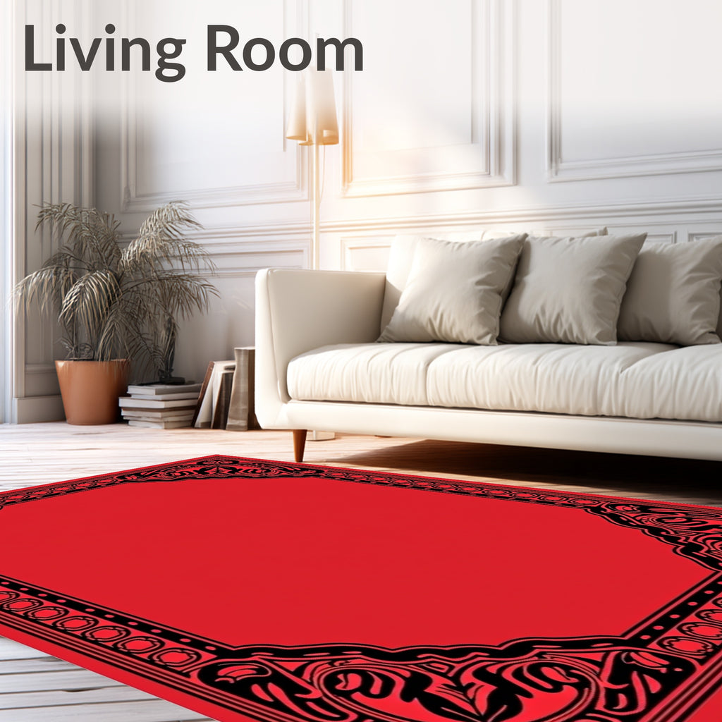 Bold Red Black Floral Border Rug
