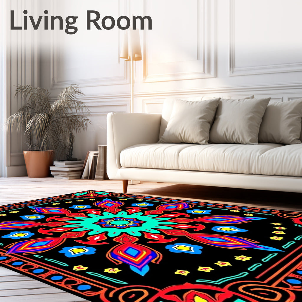 Vibrant Red Blue Floral Medallion Rug