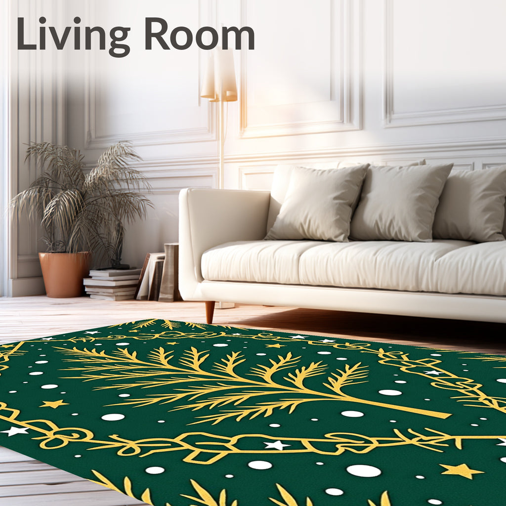Golden Pine Tree Stars and Snow Rug