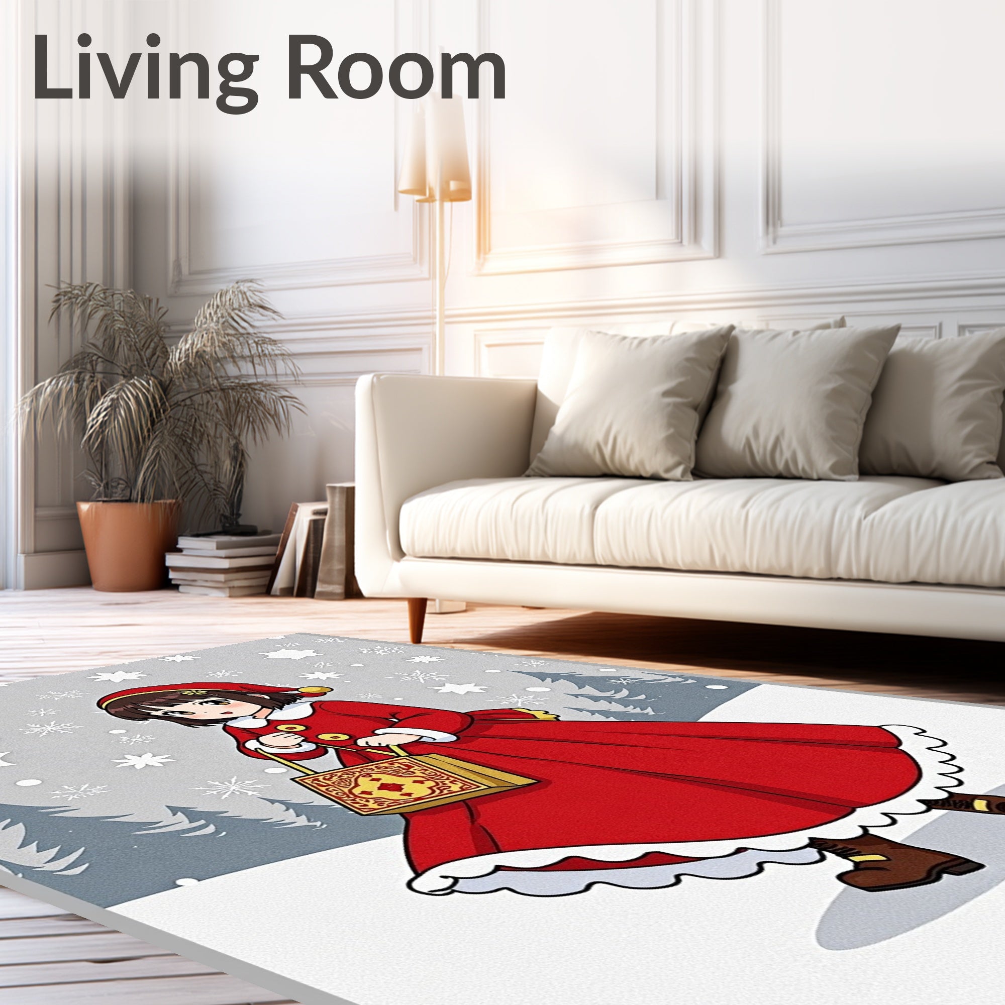 Holiday Girl Red Dress Snowflake Forest Rug