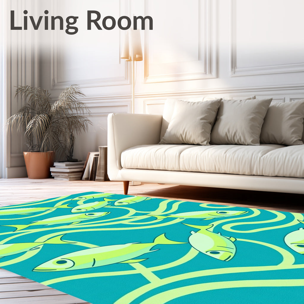 Teal Aquatic Fish School Swirl Rug