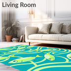 Teal Aquatic Fish School Swirl Rug