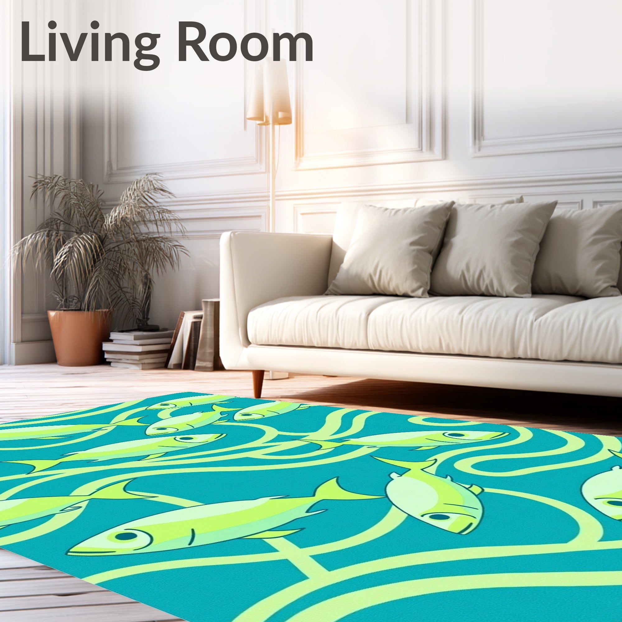 Teal Aquatic Fish School Swirl Rug