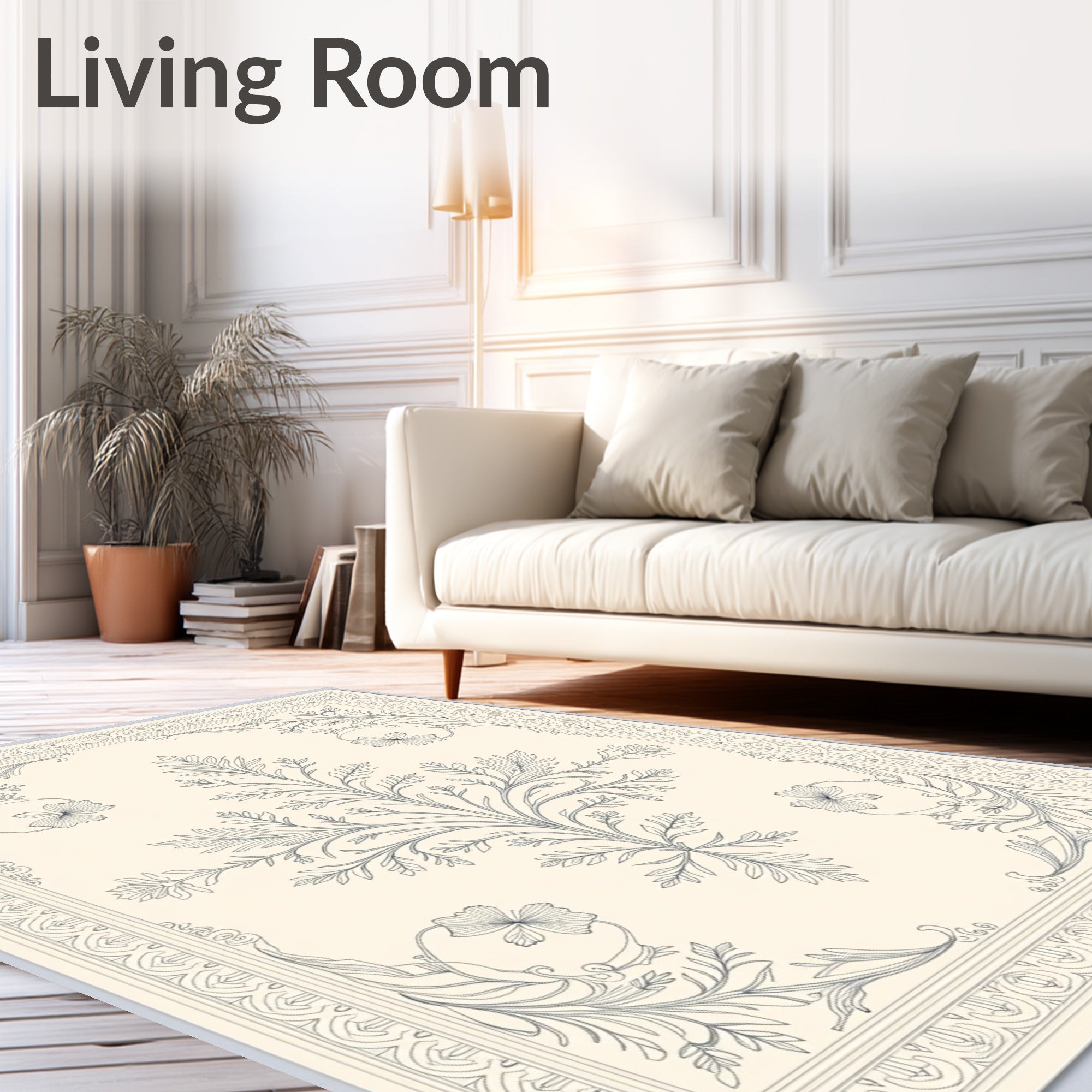 Cream Dark Blue Art Nouveau Floral Vine Rug