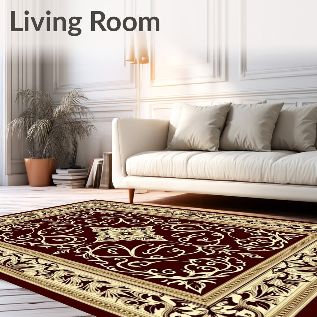 Deep Red Ivory Floral Border Rug
