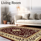 Deep Red Ivory Floral Border Rug
