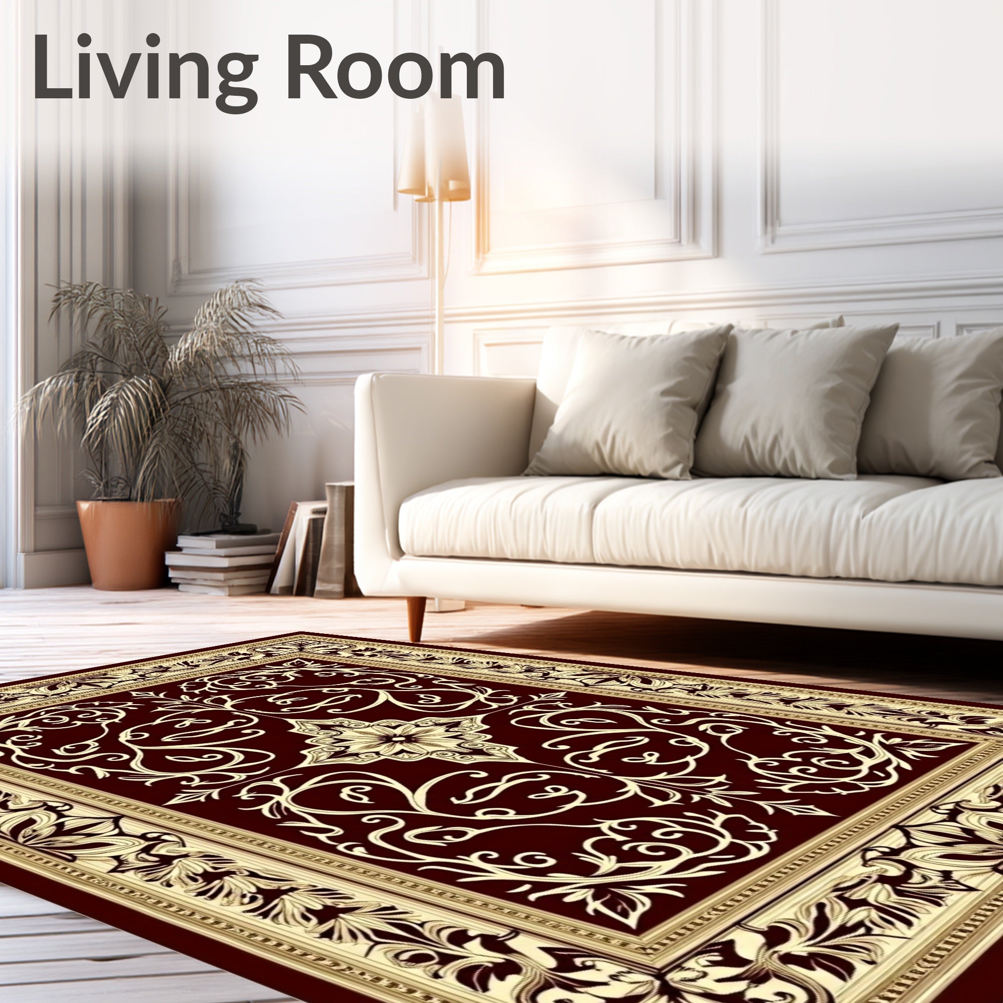 Deep Red Ivory Floral Border Rug