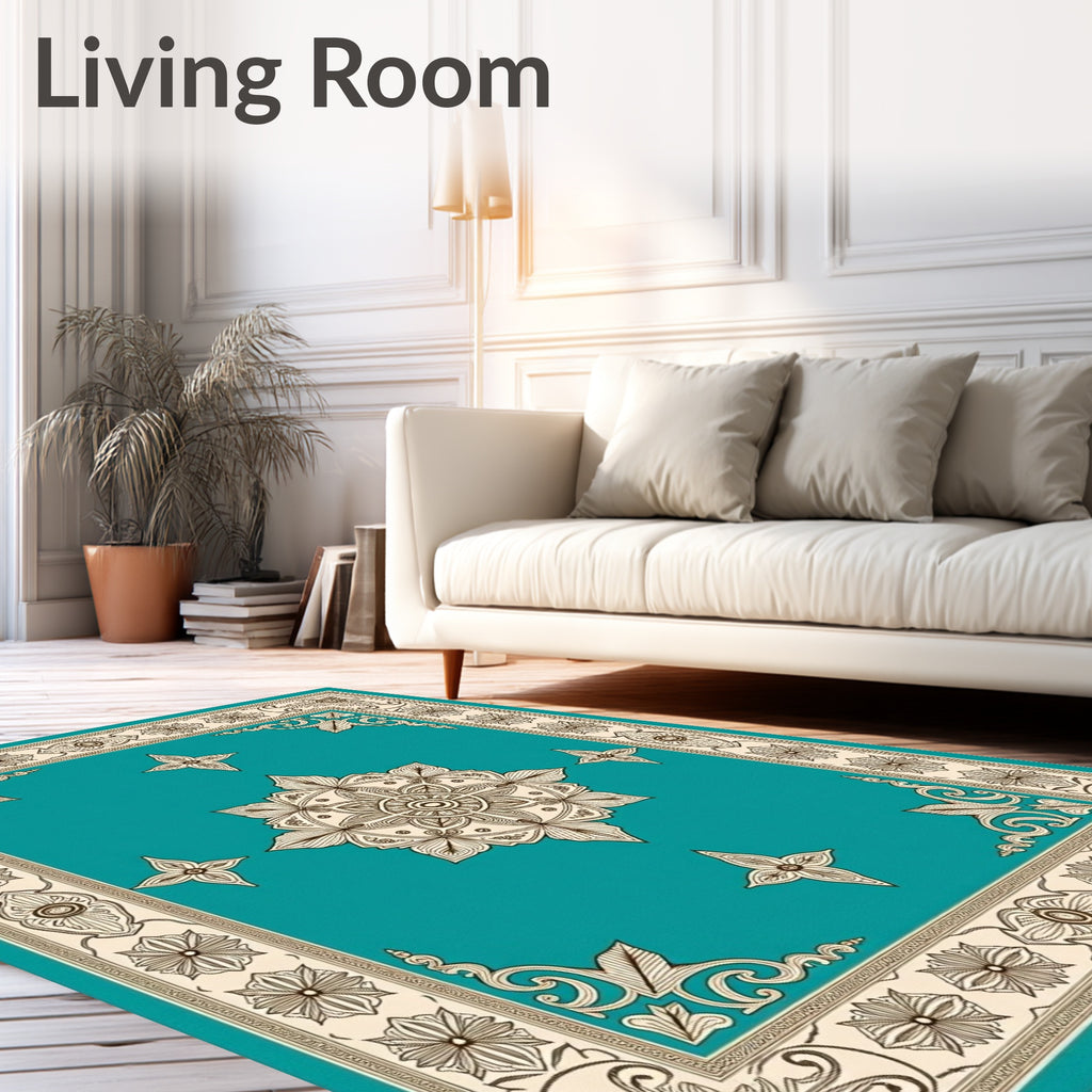Teal Medallion Floral Border Rug