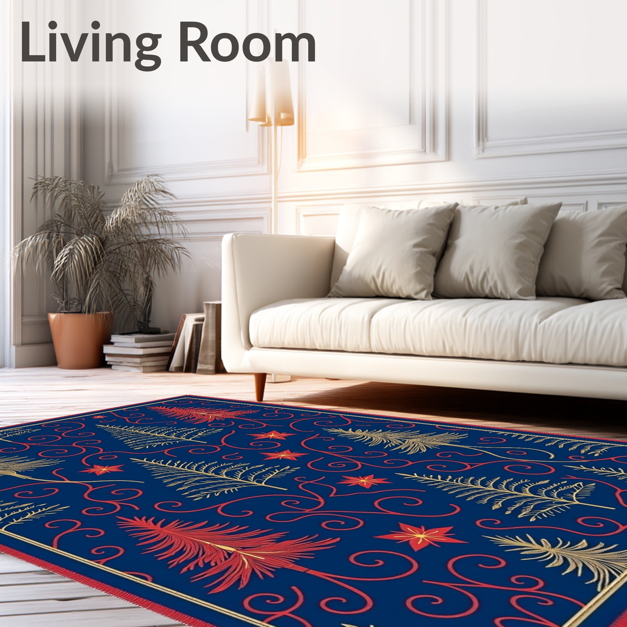 Festive Navy Blue Trees Swirl Accents Rug